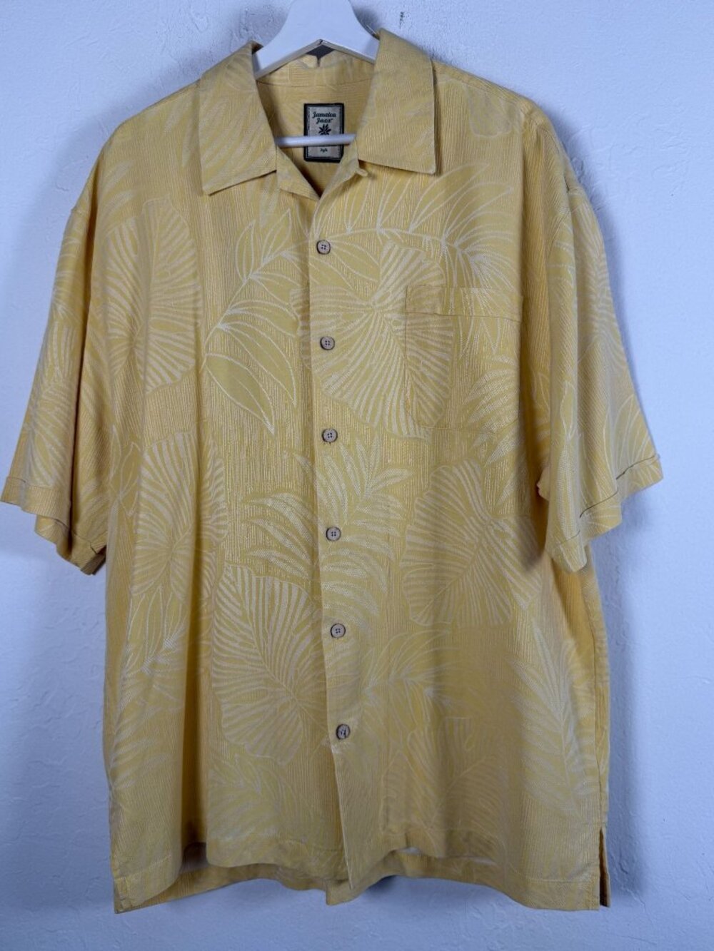 Jamaica Jaxx Mens Hawaiian Shirt XL Yellow Monstera Palm Leaf Silk Jacquard Camp